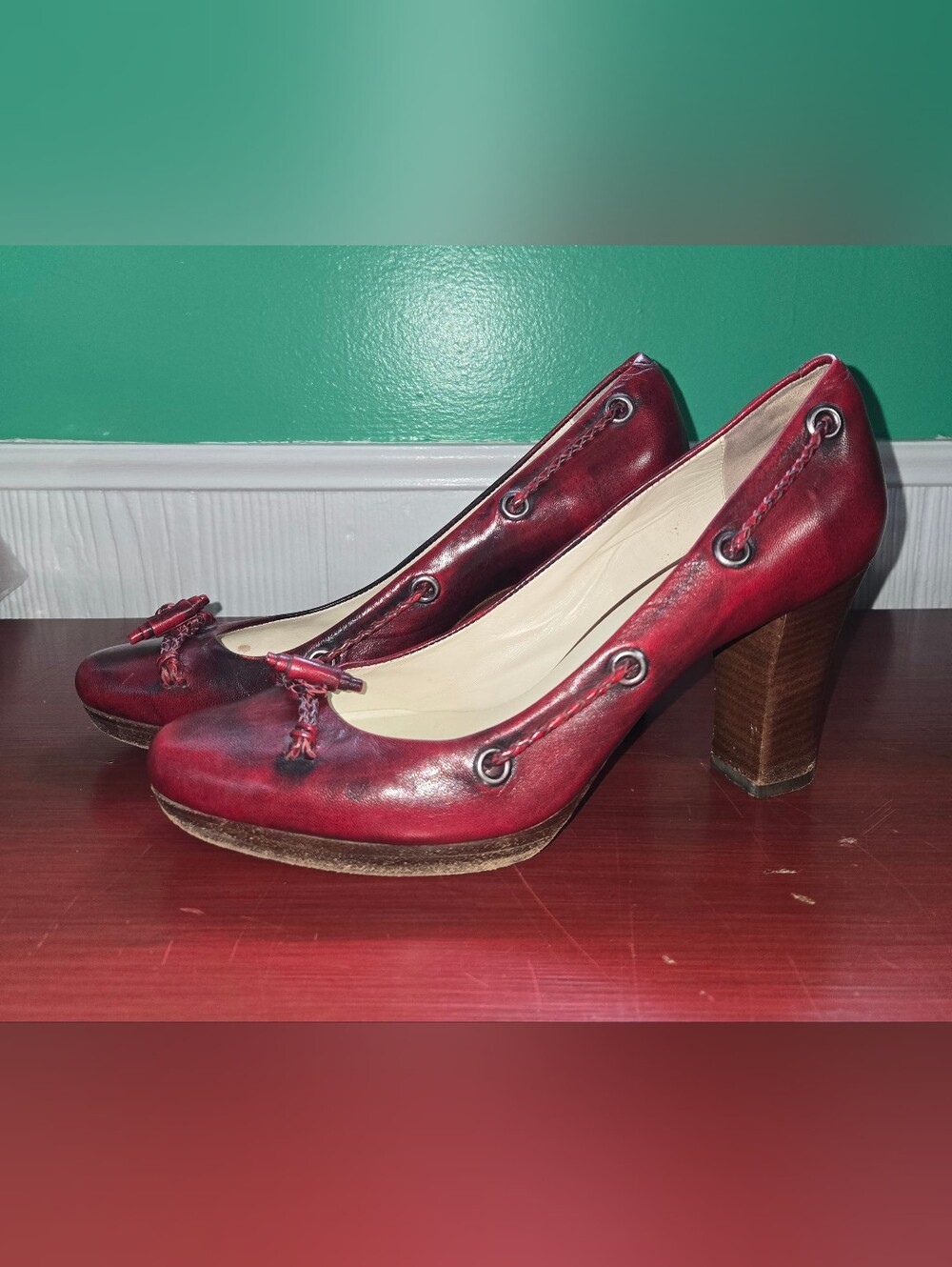 Cole Haan Vtg Air Tassel Deep Burgundy Burnished Leather Chunky Heel Pumps  9.5